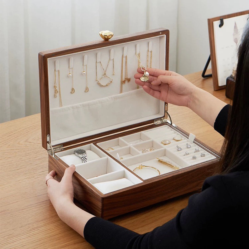 Aurelin Solid Walnut Double-Layer Jewelry Box