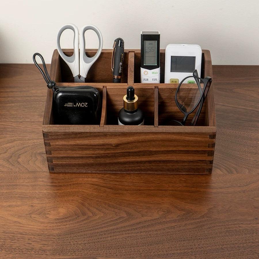 Black Walnut Pivo Organizer Box holding TV remotes