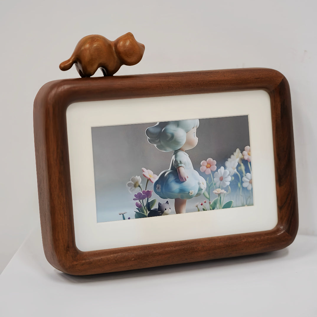 Cute Cat Wooden Photo Frame – Solid Black Walnut Desktop Frame