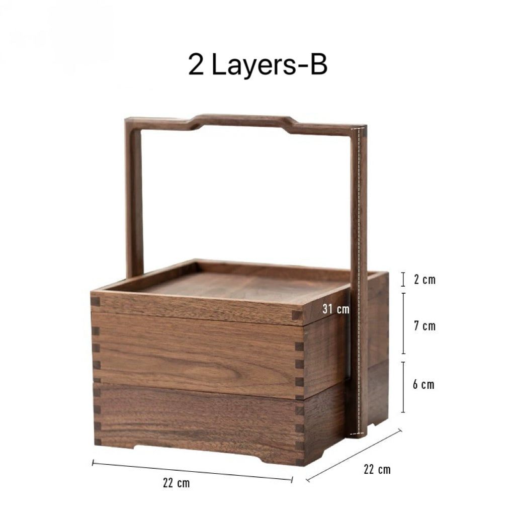 Handle design close-up on walnut multi-layer tea box