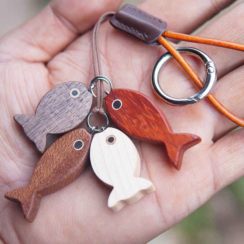 Handmade Little Fish Wooden Keychain Set