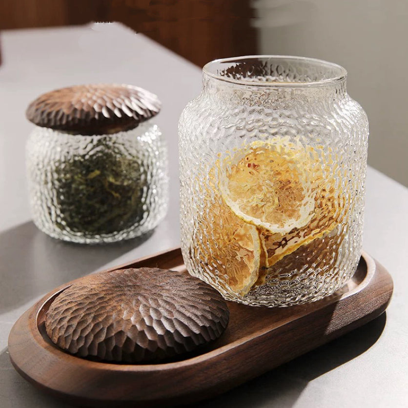 Haven Black Walnut Hammered Seal Glass Container for pantry storage