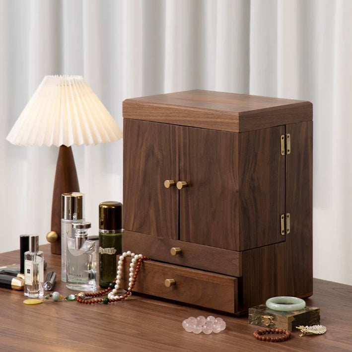 Wooden cabinet with jewelry and accessories on a wooden surface