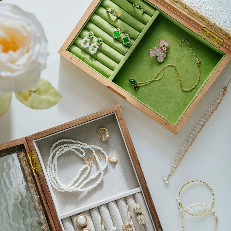 Viv Wooden Jewelry Box with Textured Glass Lid