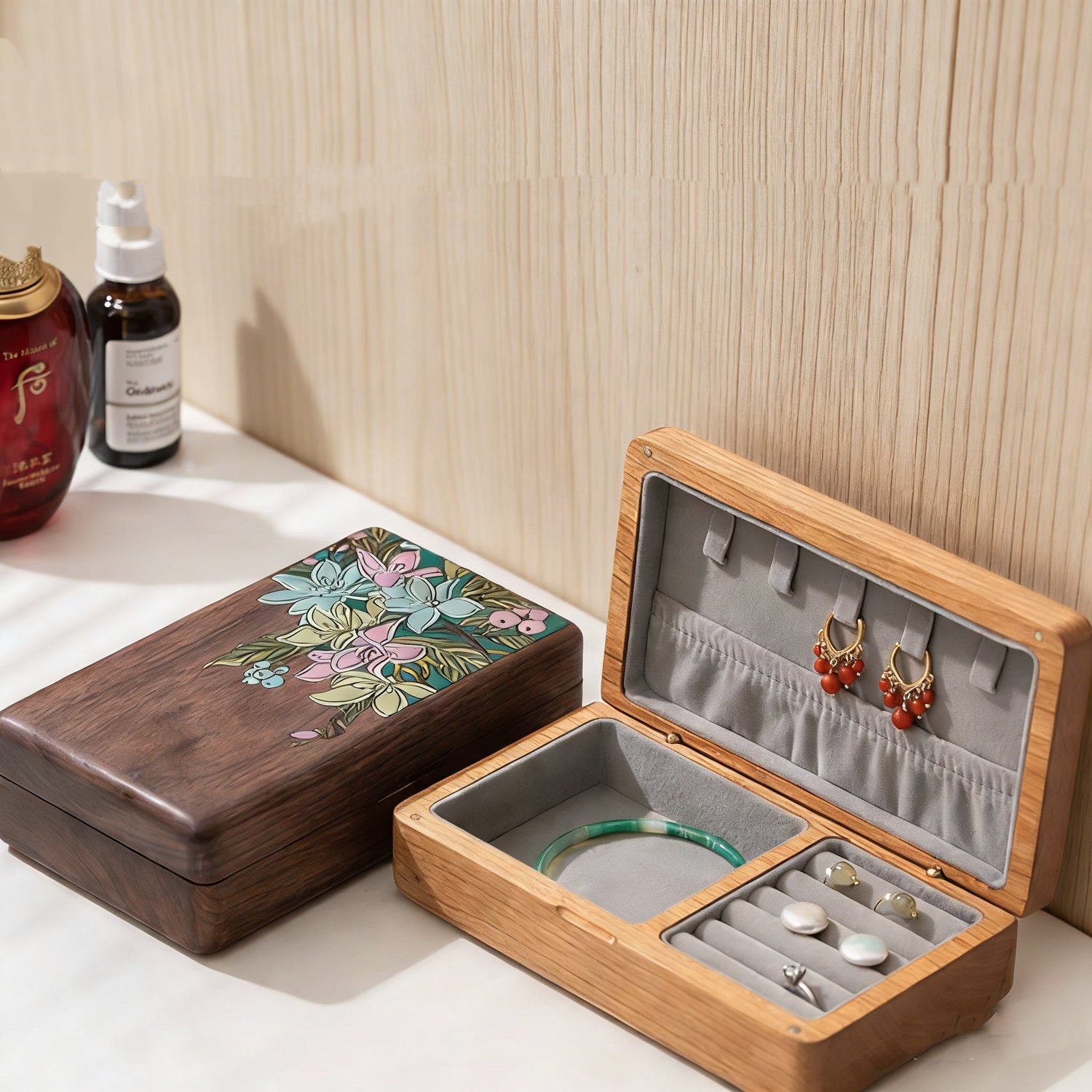 Grand Floral Inlay Wooden Jewelry Box