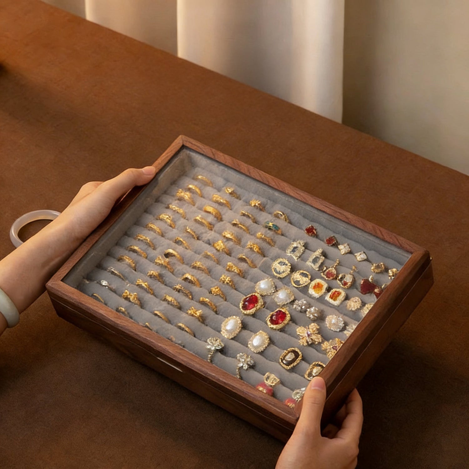 Provenance Walnut Jewelry Box with Textured Glass Lid