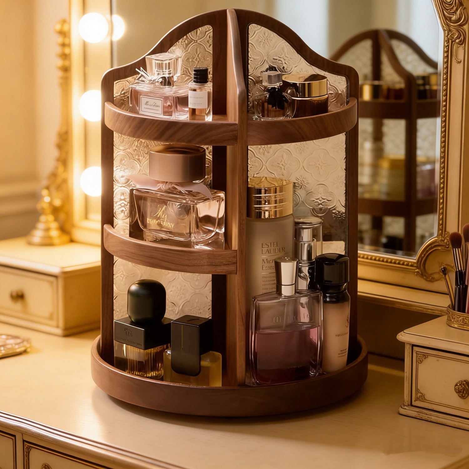 Wooden rotary cosmetic organizer with various bottles on a vanity table.