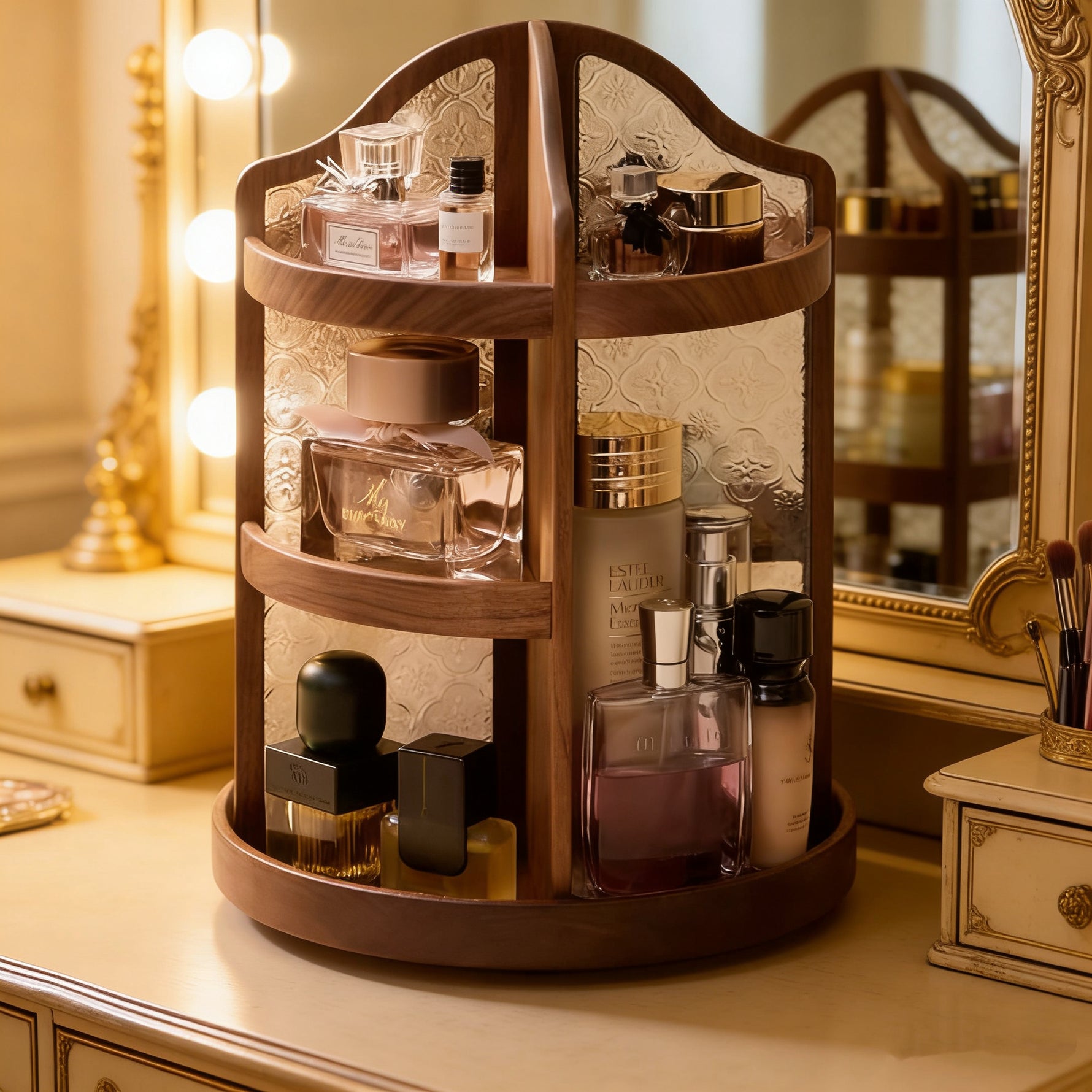 Wooden rotary cosmetic organizer with various bottles on a vanity table.