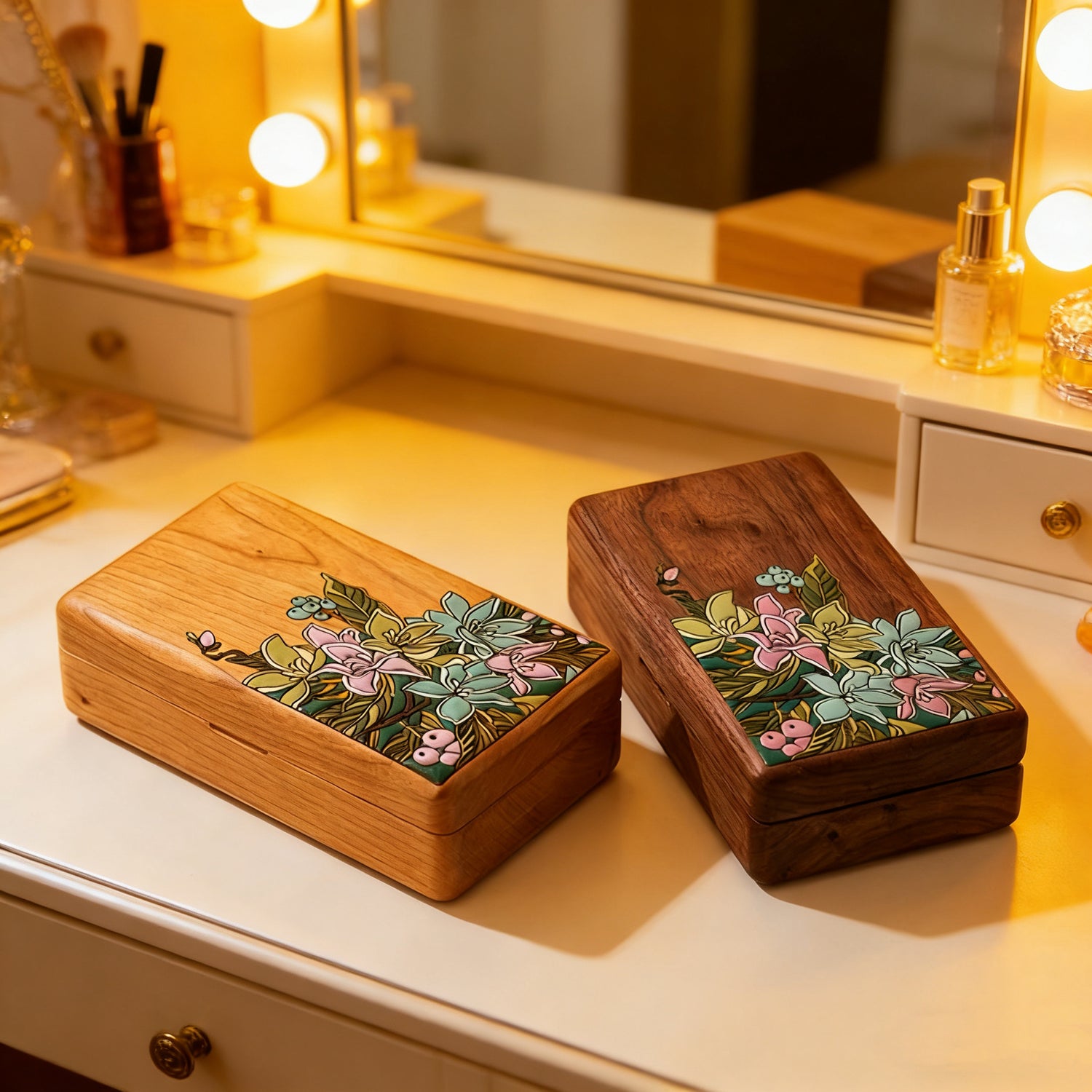 Grand Floral Inlay Wooden Jewelry Box