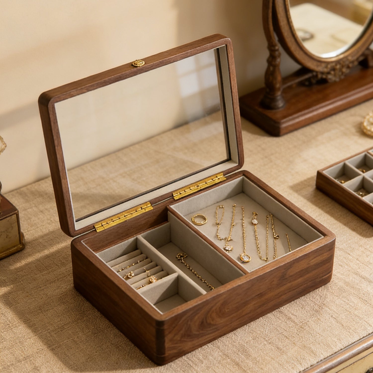 Lenoir Walnut Jewelry Box with Glass Lid