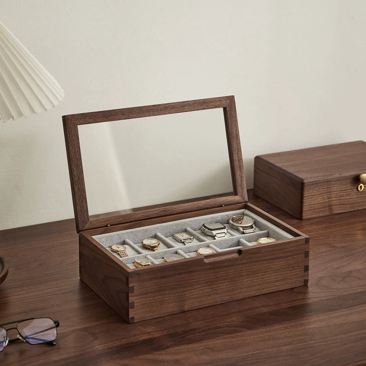 Stefan Walnut Watch Collection Box with Glass Top