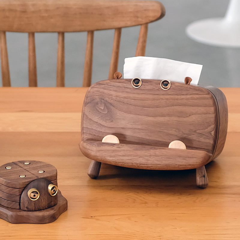 Living Room Hippo Walnut Tissue Box