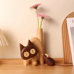 Natural Wooden Flower Vase with Cat (Meow) Design