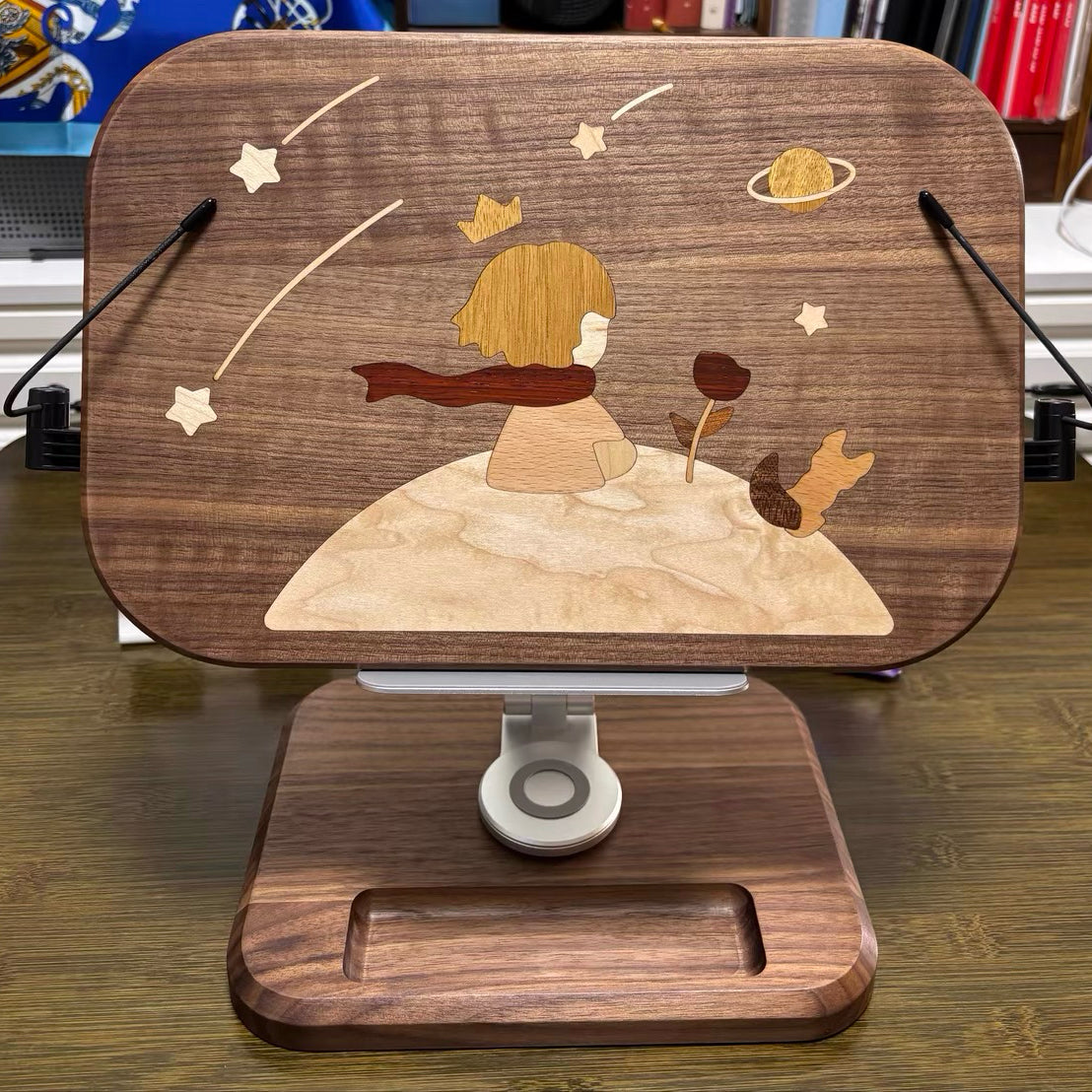 Minimalist walnut book stand for home office desk setup