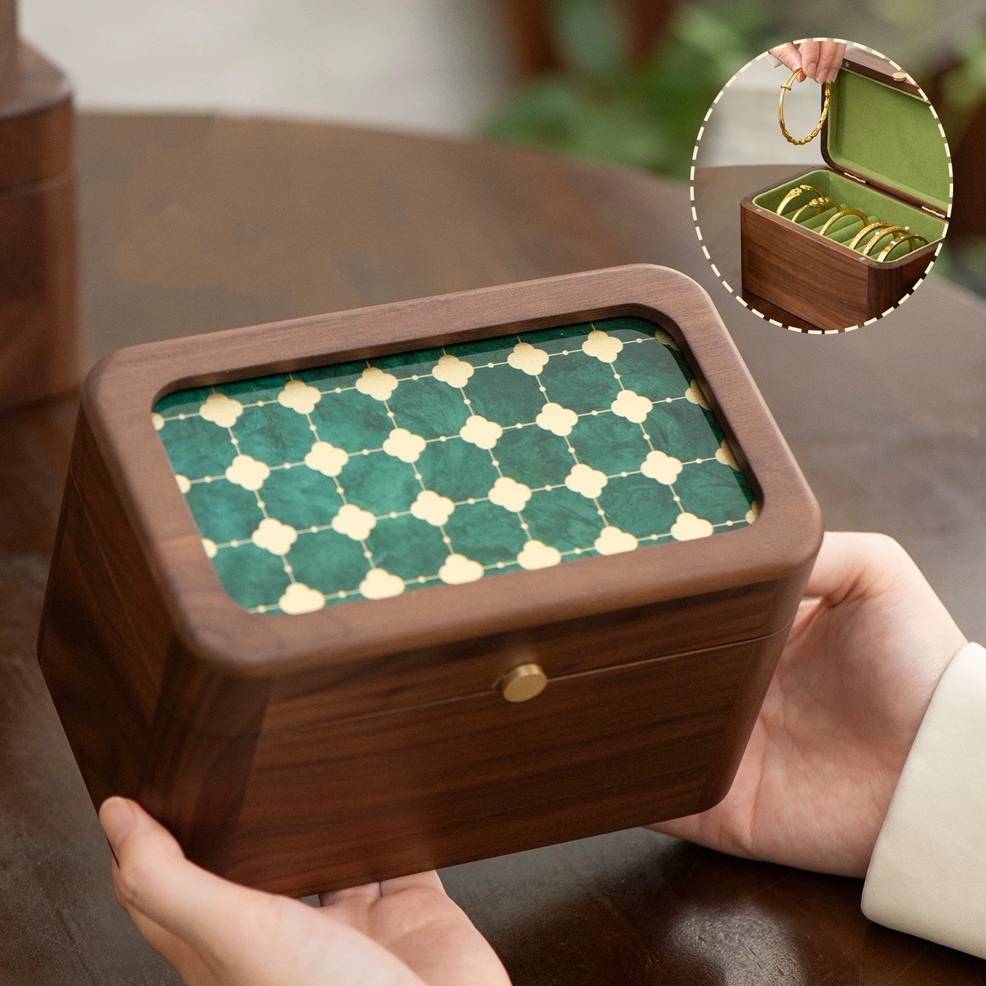 Multiple retro patterned bangles stacked inside box