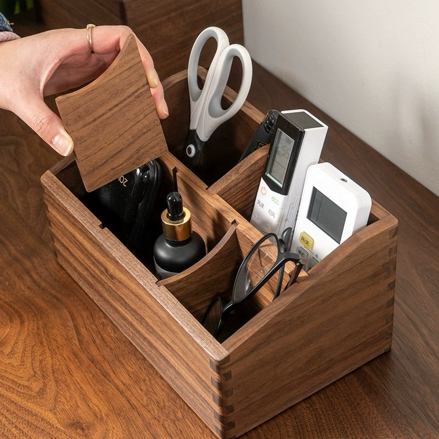 Pivo Black Walnut Desktop Organizer Box with pens and gadgets