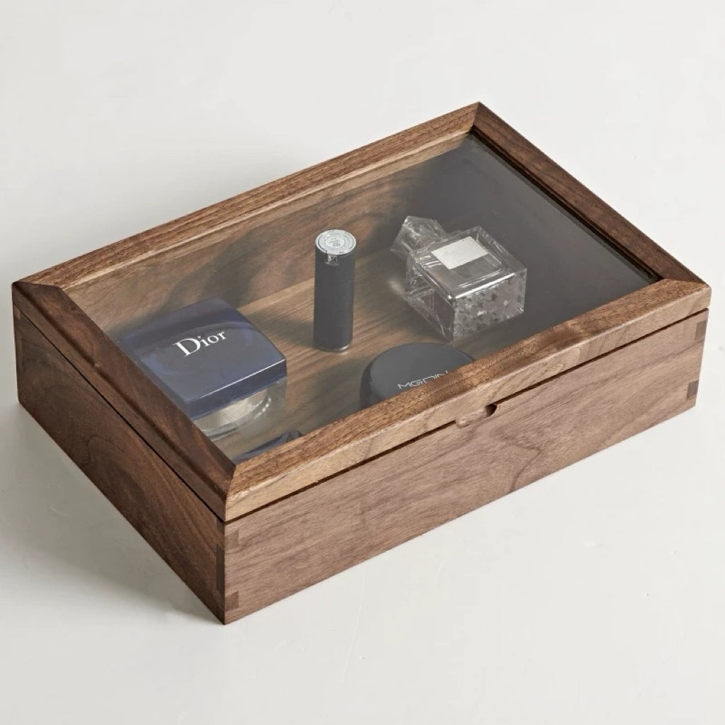Scatola Organizer in Noce Solido con Coperchio in Vetro Alder