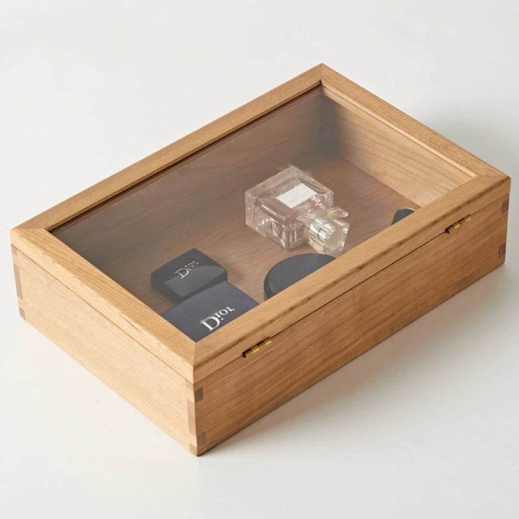 Scatola Organizer in Noce Solido con Coperchio in Vetro Alder