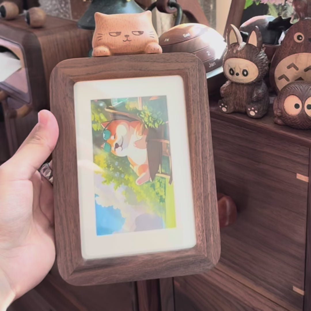 Cat-themed Walnut Photo Frame