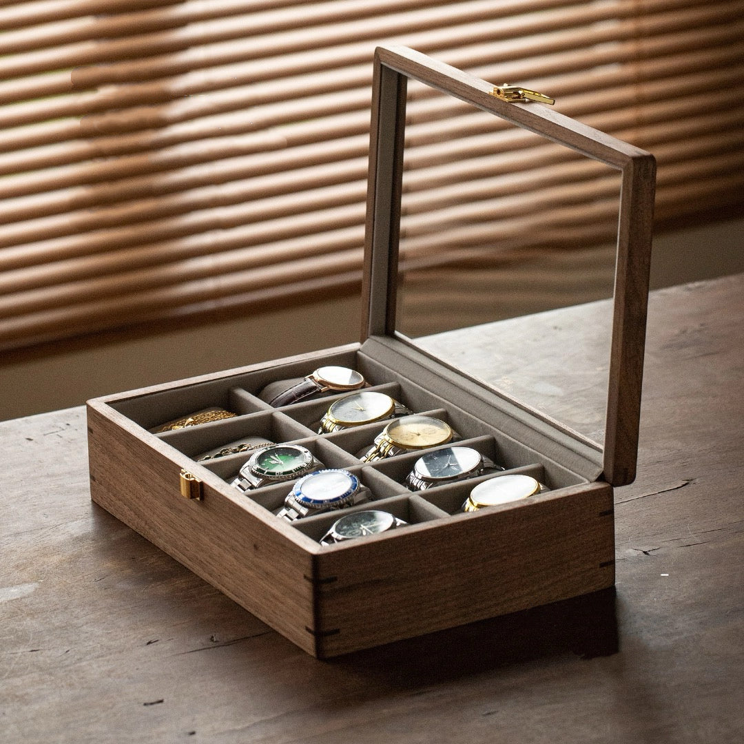 walnut watch collection box with glass top